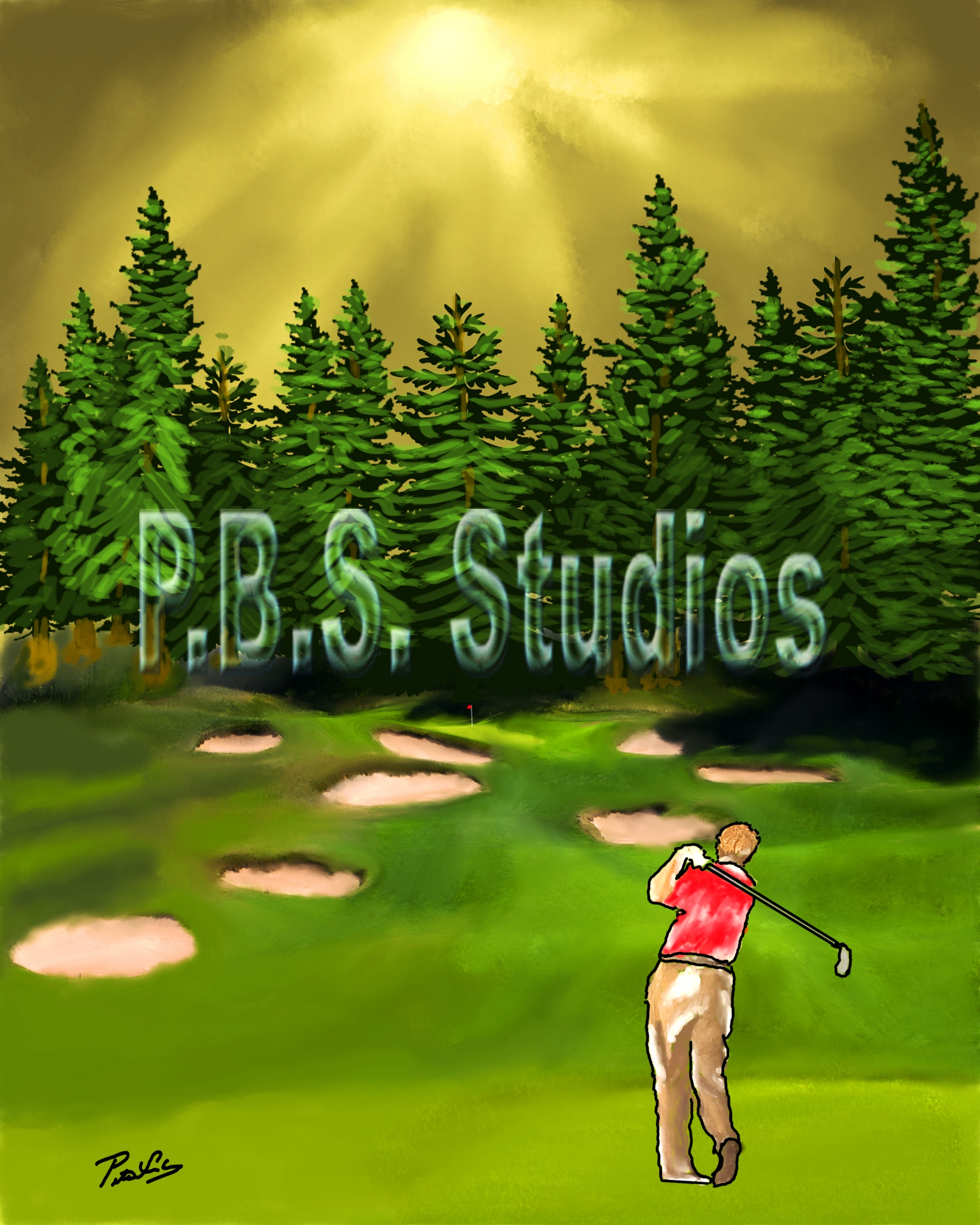 Golfer Hole Clouds and Yellow Sun